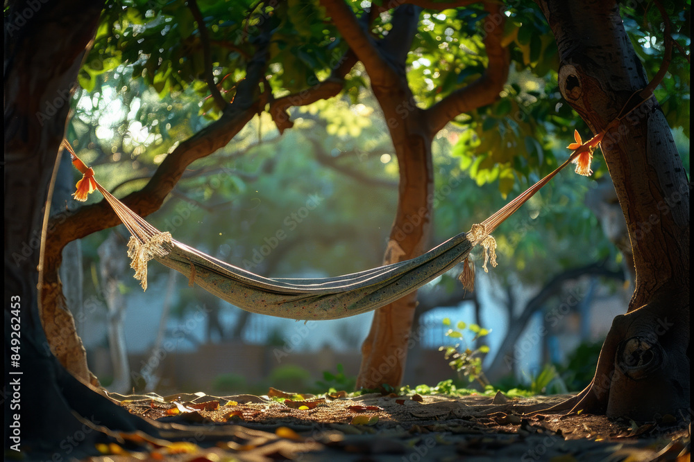 Poster simple background showcasing a hammock between two trees, encased in a clean frame,