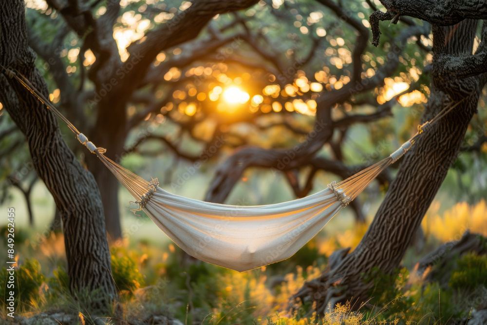 Poster simple background showcasing a hammock between two trees, encased in a clean frame,