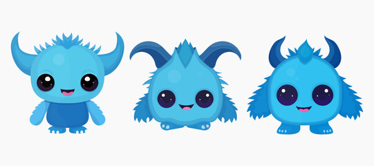 Set of blue cute cartoon monsters with horns © Mher