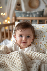Fototapeta premium Happy smiling baby sitting on a bed with flowery sheets in a bright room with natural light, wearing a white onesie