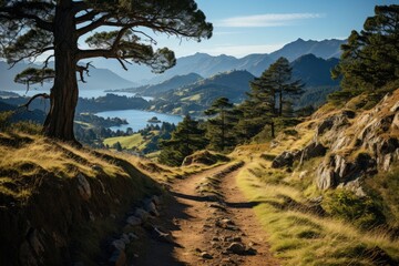 Obraz premium Stunning panorama of the Center of New Zealand Walk Trail in Nelson, New Zealand., generative IA