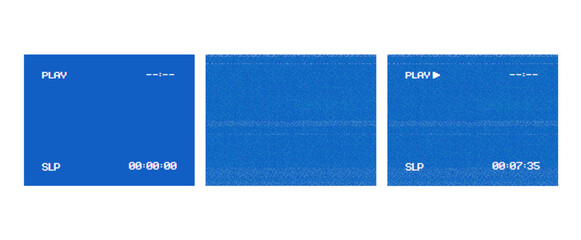 Retro VHS blue screen and video player interface with pixelated noise effect editable vector background	
