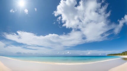 Fototapeta premium beautiful beach view with blue sky. Seascape from low perspective. Clear blue sky sunset with horizon on calm ocean seascape background. Picturesque