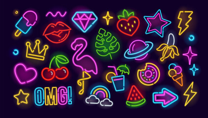 Neon vector icons and symbols of cartoon characters, food, fruits, fashion elements for patch, badges and pins. Glowing light banner. Pop Art and Fashion neon sign. Editable vector set 19 © VRTX