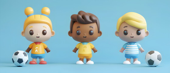 Obraz premium set of Adorable clay ,a soccer players , muted pastels, 3D clay icon, Blender 3d, kawaii footballer, cute soccer, sport player, football toy