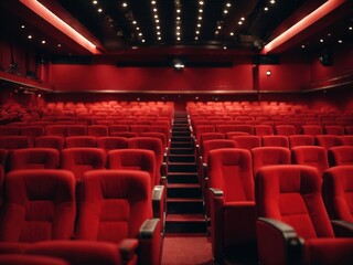 Bright empty red seats in cinema rows