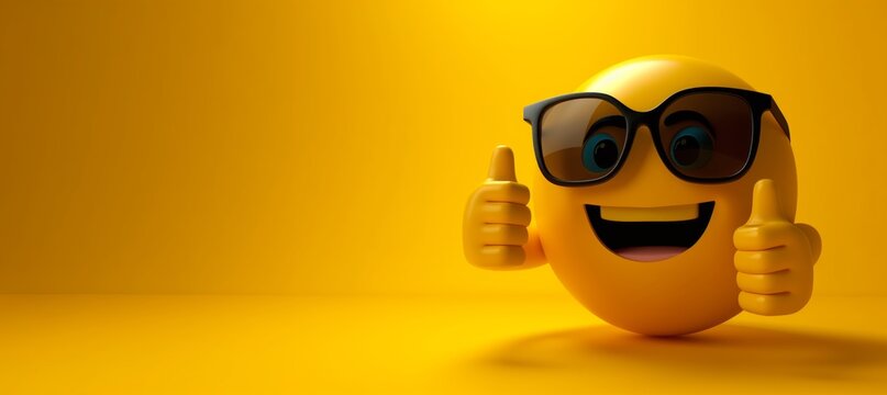 happy smiley face emoticon wearing sunglasses with thumbs-up gesture, copy space