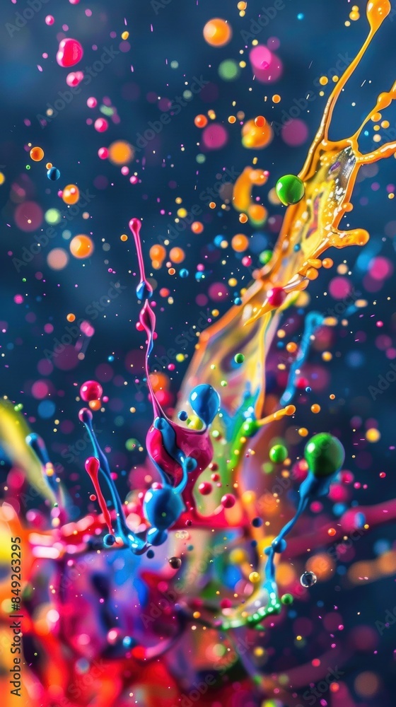 Poster vibrant colorful paint splashes on dark background showcasing dynamic splatters of various colors cr