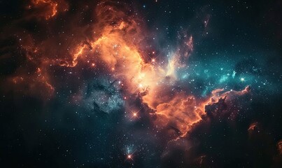 Naklejka premium Vibrant Nebula Cloud with Orange and Blue Stars in Deep Space. Stunning Swirling Patterns Beauty of the Cosmos