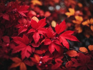 Bright red burgundy autumn leaves with tiny berries