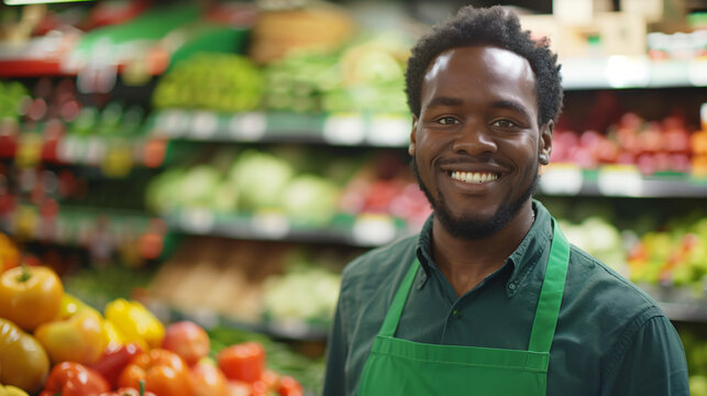 Happy man in green apron poses in vibrant produce section