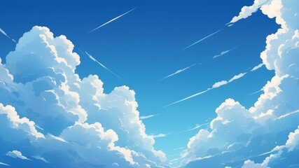 Illustration blue sky with clouds. Anime style background with shining sun and white fluffy clouds. Illustration of  Cloudy Sky in Anime style.