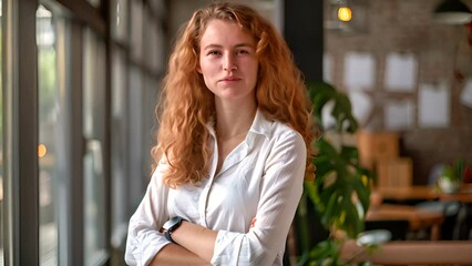 Female financial analyst with arms folded standing and smiling at work