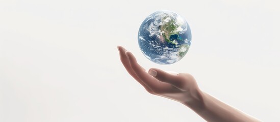 globe in hand and copy space on white background, for banner, poster, advertising design