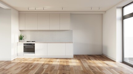 Fototapeta premium Minimalist kitchen design with hardwood floors and light