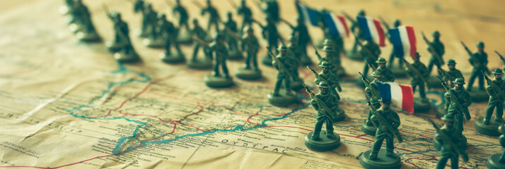 French toy soldier with French flag on military map.