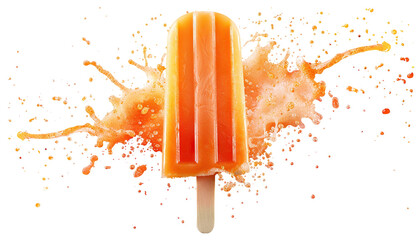 Delicious orange popsicle on a wooden stick splashing, cut out