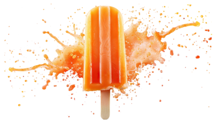 Delicious orange popsicle on a wooden stick splashing, cut out