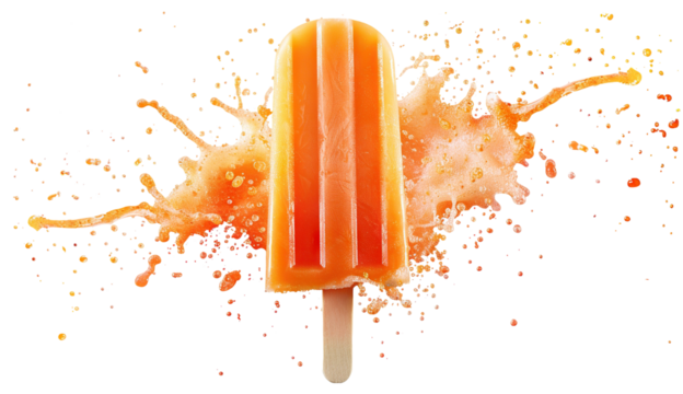 Delicious orange popsicle on a wooden stick splashing, cut out