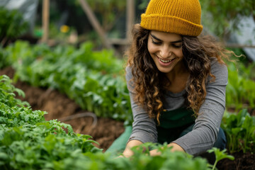 Young Woman Smiling and Gardening in a Greenhouse