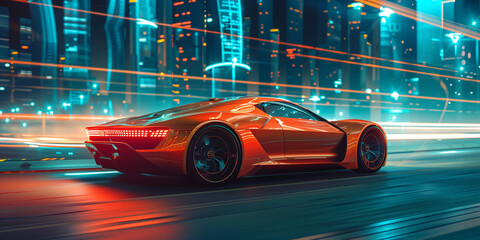 Obraz premium Futuristic sports car speeding through a neon-lit cityscape at night. The sleek design and vibrant lights create an exciting and high-tech atmosphere, perfect for automotive and technology themes.