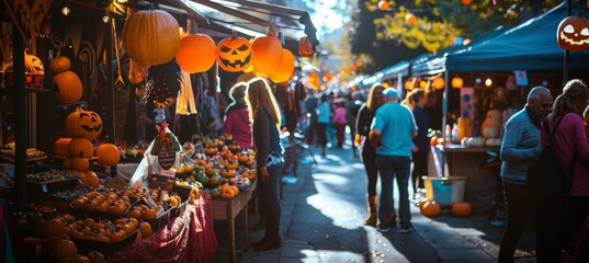 Naklejka premium Festive Halloween Craft Fair with Handmade Decorations, Costumes, and Treats for Holiday Celebration