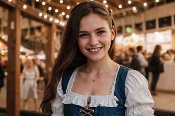 Beautiful young woman wearing a Dirndl, smiling and looking at the camera, blurred Oktoberfest background with crowded festivities.