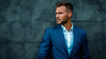 Man in a blue suit, stylish look, looking sideways