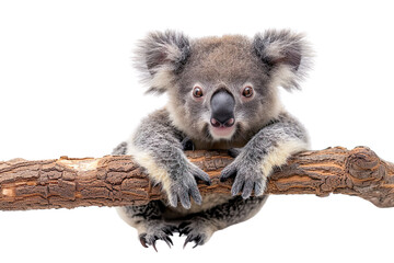 Obraz premium Koala clinging to a trunk isolated on white background, transparent background