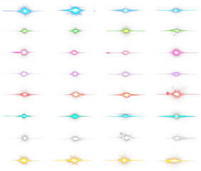 Glowing color light flair mega set 01. Isolated transparent background. Various colors of glowing lens flair. Fantasy collection. Light burst. Vibrant glowing color