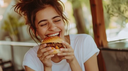 Happy woman in a white T-shirt eating a hamburger