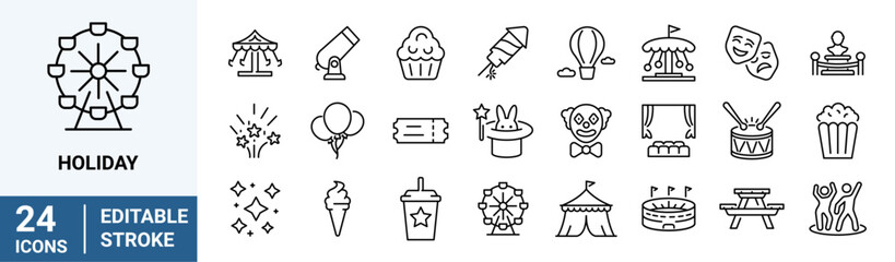 Holidays web line icons. Party, celebration, dancing, music, congrats and more. Editable stroke. Vector illustration