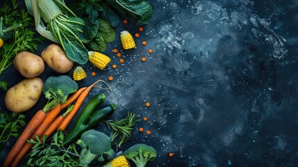 various vegetables and potatoes arranged in a flat lay style on a dark background, forming a diamond shape with green beans, carrots, tomatoes, broccoli, corn, and cselowe.