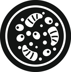Black solid icon for a petri dish with bacteria growing in it, on a white background
