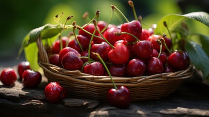 Cherries in a wicker basket The deep red color contrasts beautifully with the natural texture of the basket. The background is blurred, making it look bright and striking.