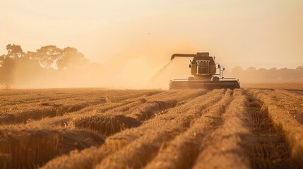 Australian Outback Grain Harvest with Dusty Conditions and Rugged Machinery at Sunset
