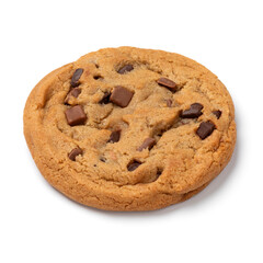 Single homemade sweet American chocolate chip cookie isolated on white background close up