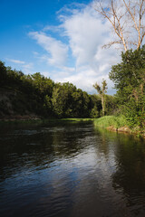 The tranquil river landscape is a stunning sight with abundant lush greenery under a clear blue sky, creating a peaceful and serene atmosphere in the midst of natures beauty