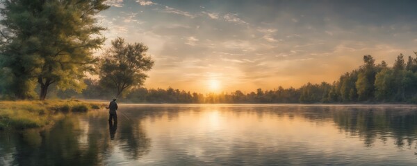 Obraz premium fisherman fishing fish with small boat at a lake. Extremely detailed high resolution illustration