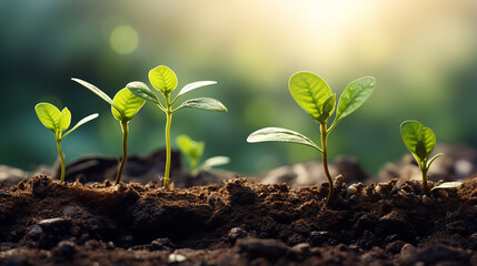 The seedling are growing from the rich soil to the morning sunlight that is shining, ecology concept