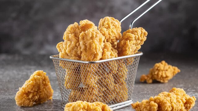 Breaded chicken strips in slow motion. Chicken fingers.