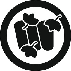 Round black glyph icon featuring two dolmas with grape leaves, served on a plate