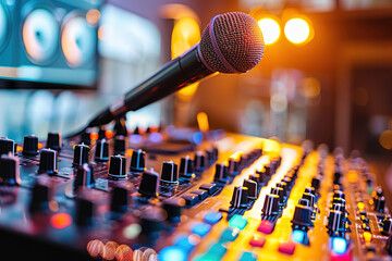 Radio station DJ: A microphone with mixing console and records around.