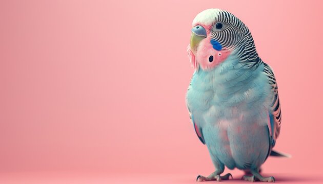 A cute Parakeet sitting on a solid pastel background with space above for text