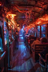 Naklejka premium Haunted Train Ride Attraction with Spooky Decor and Eerie Ghost-Filled Landscapes