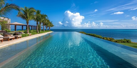 A tranquil poolside oasis overlooking the vast ocean horizon, inviting relaxation amidst tropical serenity.