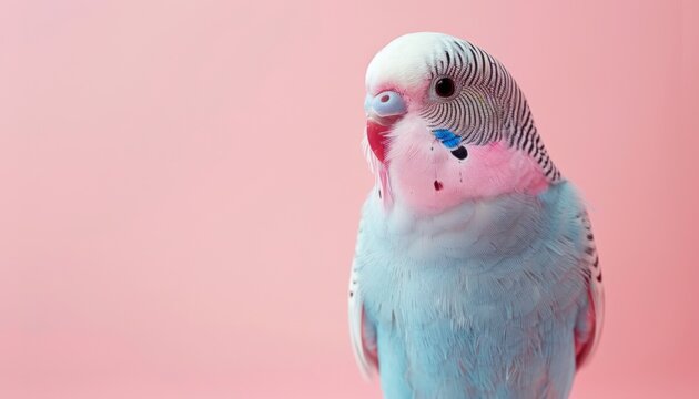 A cute Parakeet sitting on a solid pastel background with space above for text