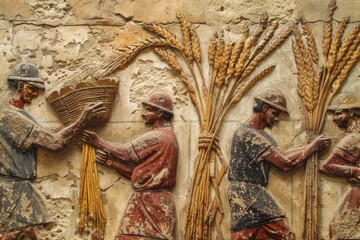 Historical Depiction of Ancient Grain Harvesting Methods with Farmers Using Rudimentary Tools and Techniques