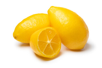 Whole and halved lemon snack isolated on white background close up