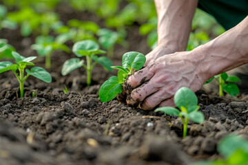 Farmers or gardeners plant young plants into the soil. The concept of modern agriculture on a large scale.